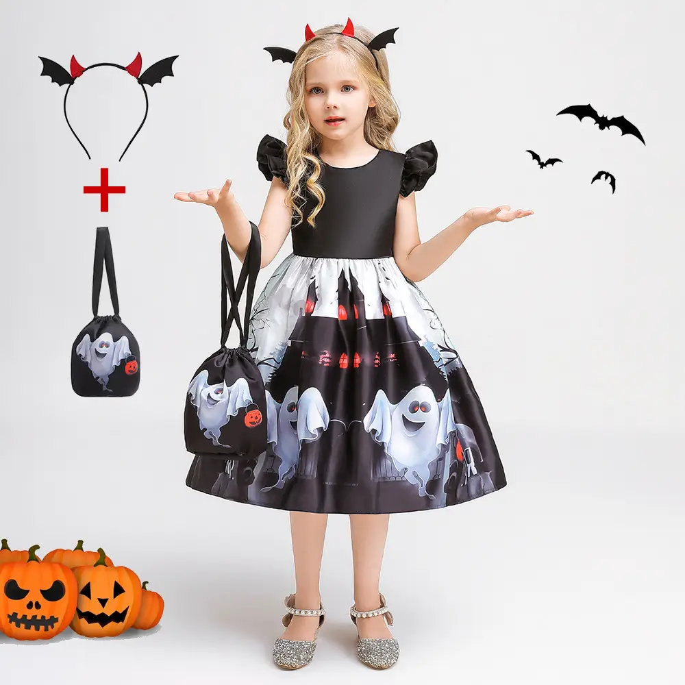 Halloween Kids Costume Girls Dress Witch Pumpkin Print - Image 17