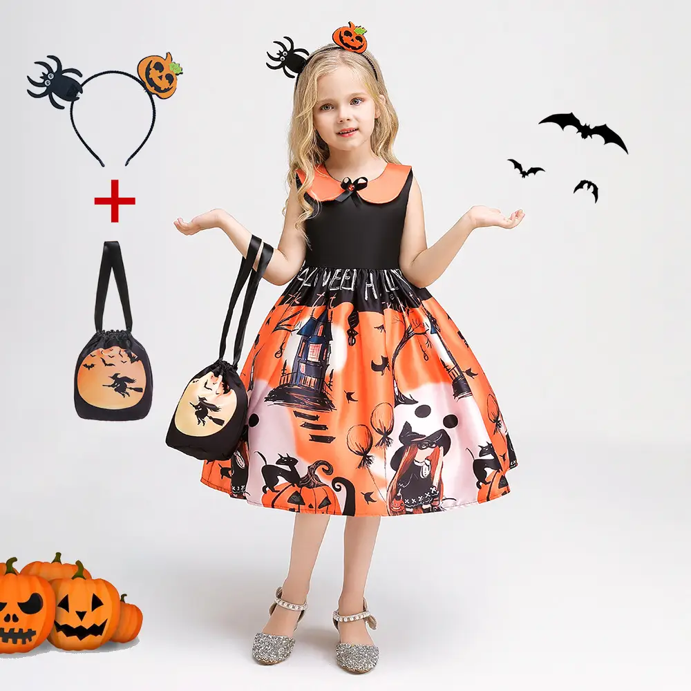 Halloween Kids Costume Girls Dress Witch Pumpkin Print - Image 18