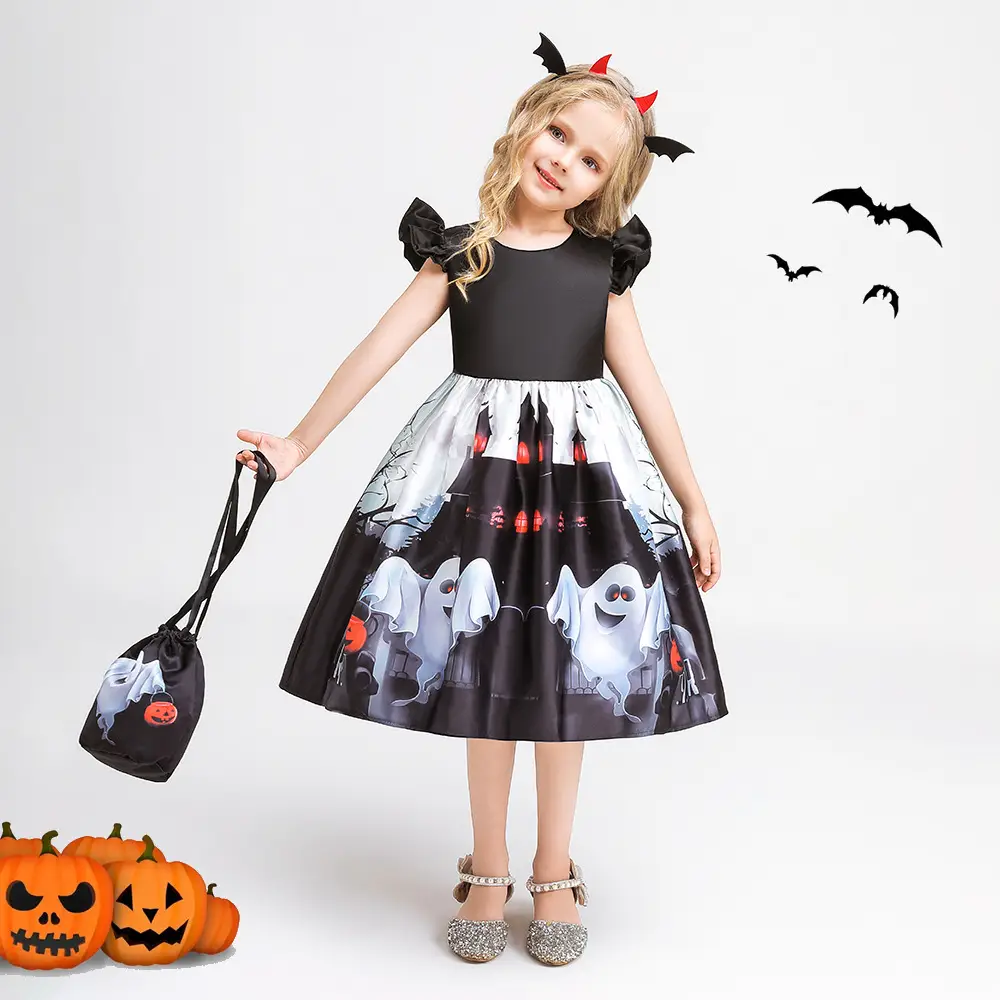 Halloween Kids Costume Girls Dress Witch Pumpkin Print - Image 3