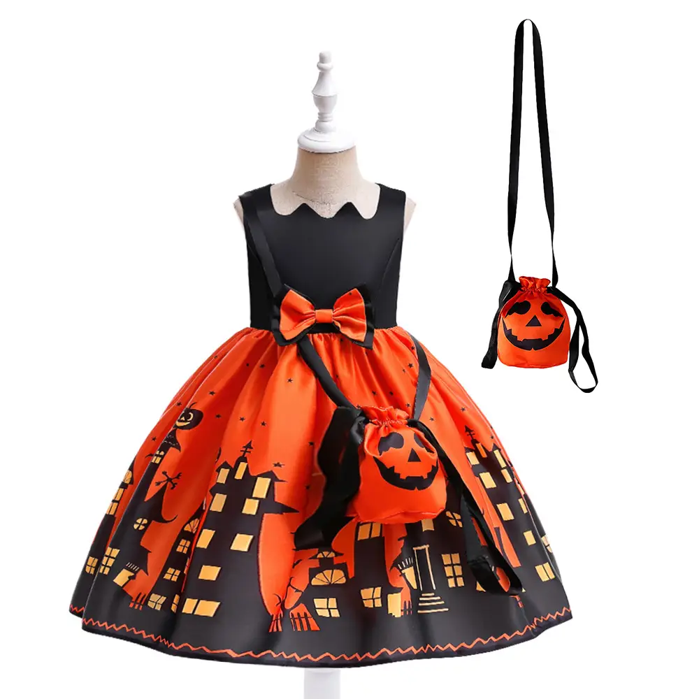 Halloween Kids Costume Girls Dress Witch Pumpkin Print - Image 7