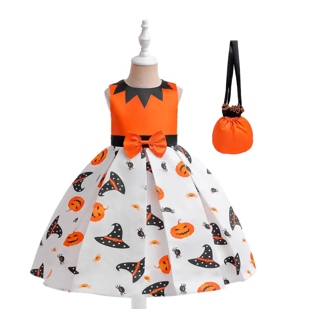 Halloween Kids Costume Girls Dress Witch Pumpkin Print - Image 8
