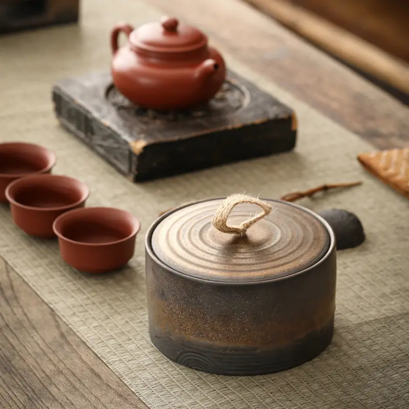 Japanese Rustic Ceramic Tea Canister with Handle - Image 8