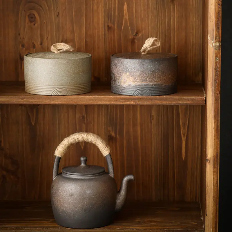 Japanese Rustic Ceramic Tea Canister with Handle - Image 9