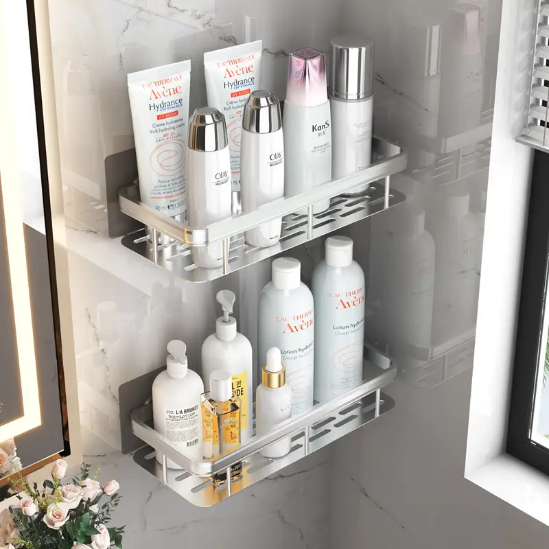 Wall Mount Bathroom Shelf Black Aluminum Punch Free 2 Layer