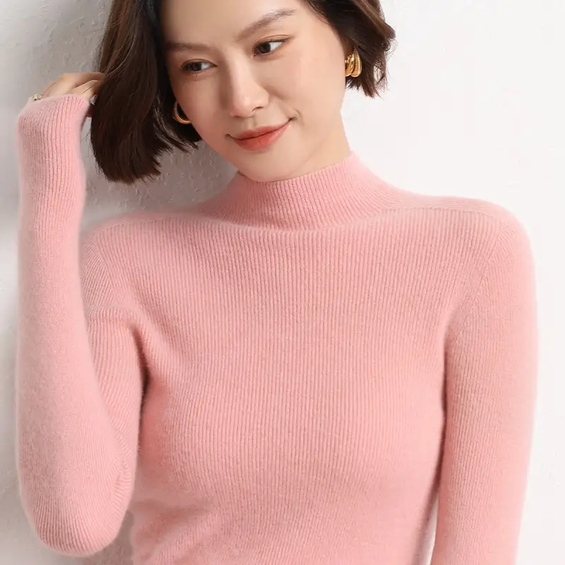 Women's Red Knitted Half-Turtleneck Long Sleeve Top