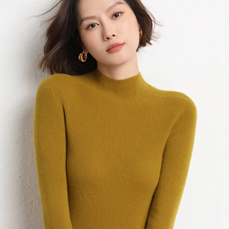 Women's Red Knitted Half-Turtleneck Long Sleeve Top