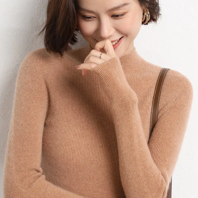 Women's Red Knitted Half-Turtleneck Long Sleeve Top