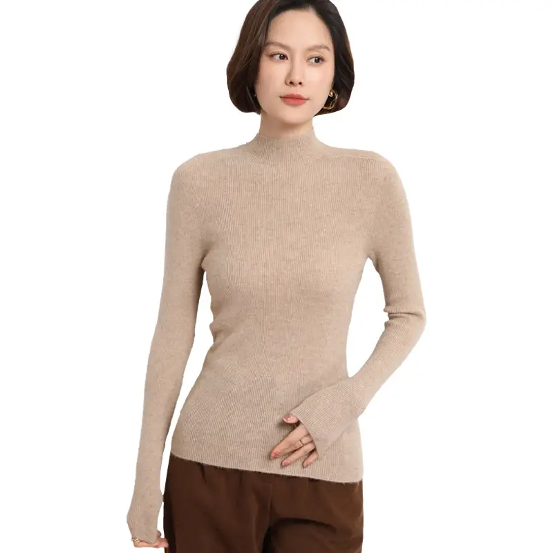 Women's Red Knitted Half-Turtleneck Long Sleeve Top