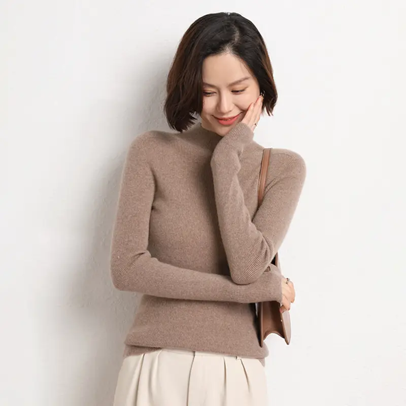 Women's Red Knitted Half-Turtleneck Long Sleeve Top