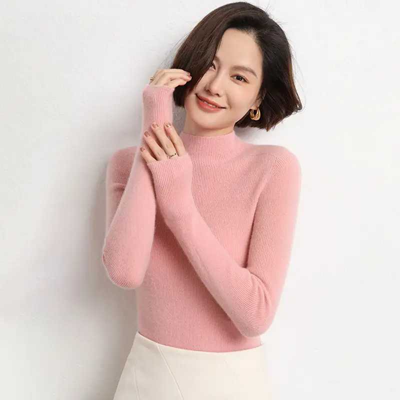 Women's Red Knitted Half-Turtleneck Long Sleeve Top