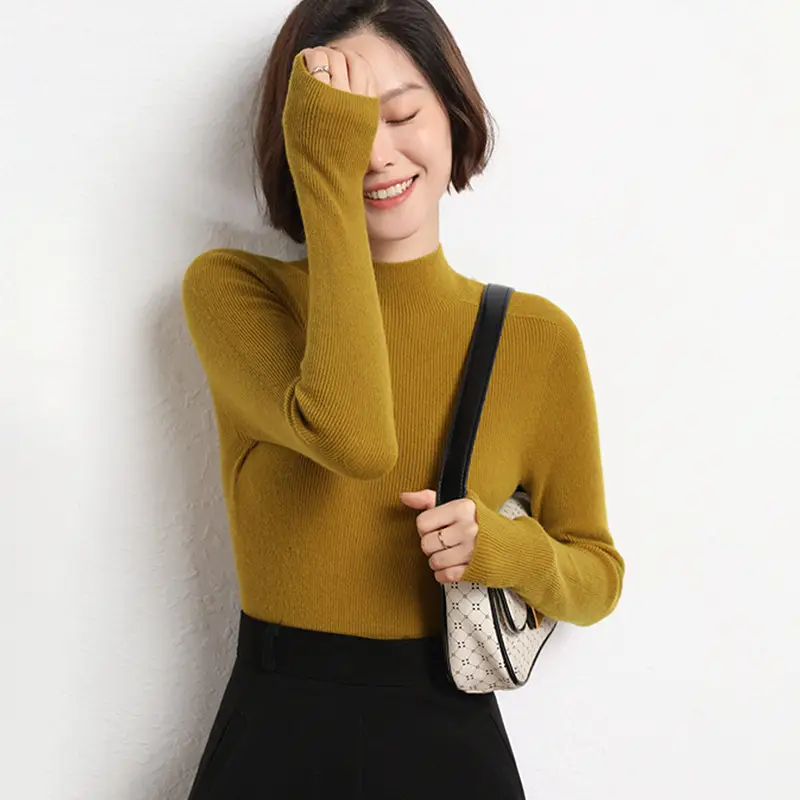 Women's Red Knitted Half-Turtleneck Long Sleeve Top