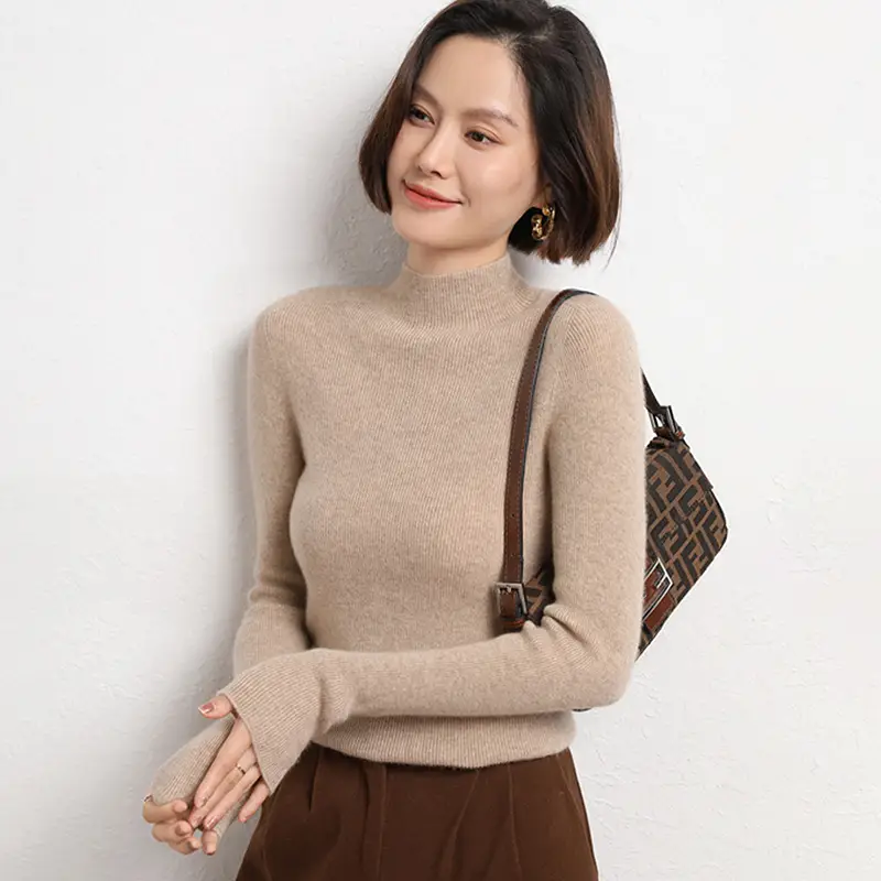 Women's Red Knitted Half-Turtleneck Long Sleeve Top