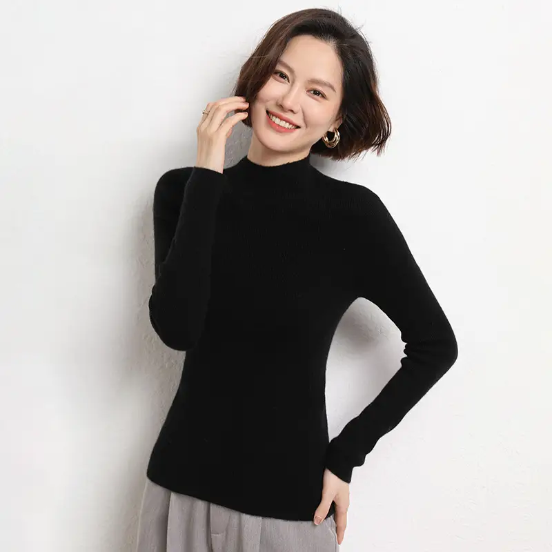 Women's Red Knitted Half-Turtleneck Long Sleeve Top