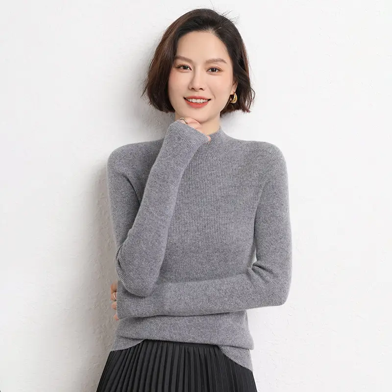 Women's Red Knitted Half-Turtleneck Long Sleeve Top