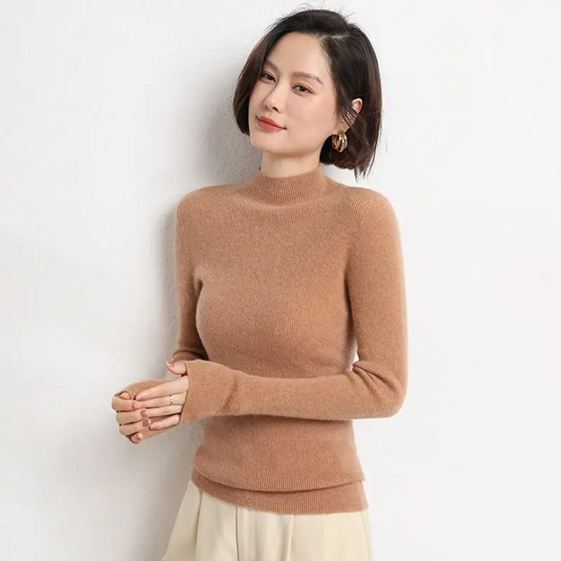 Women's Red Knitted Half-Turtleneck Long Sleeve Top