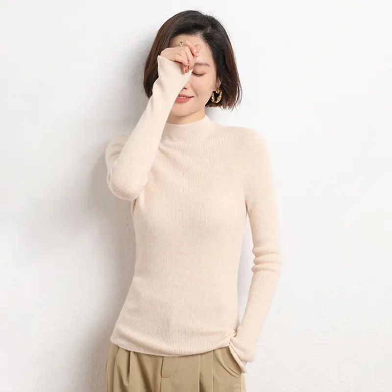Women's Red Knitted Half-Turtleneck Long Sleeve Top