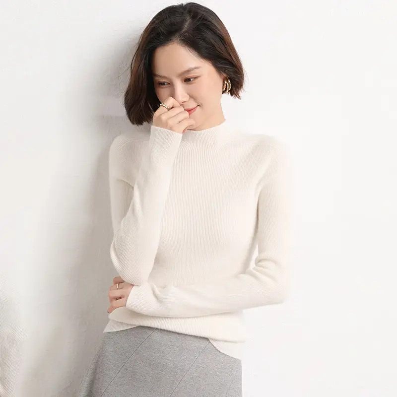 Women's Red Knitted Half-Turtleneck Long Sleeve Top