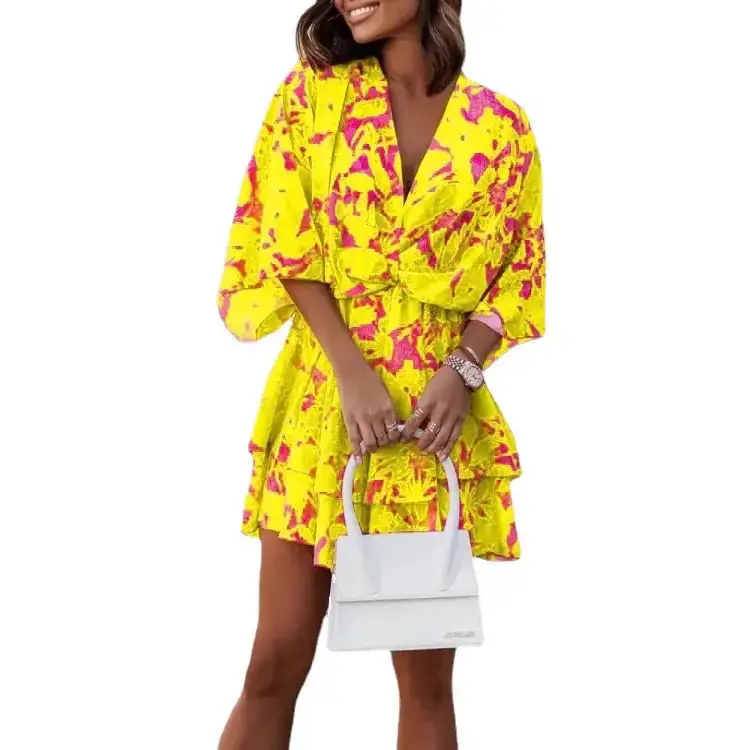 2023 V-Neck Printed Dress Women Loose Sleeve - Image 12