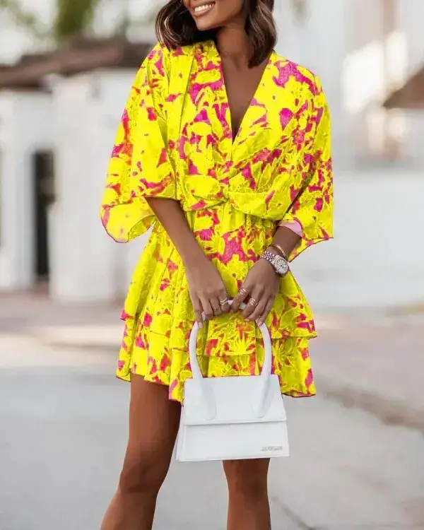 2023 V-Neck Printed Dress Women Loose Sleeve - Image 2