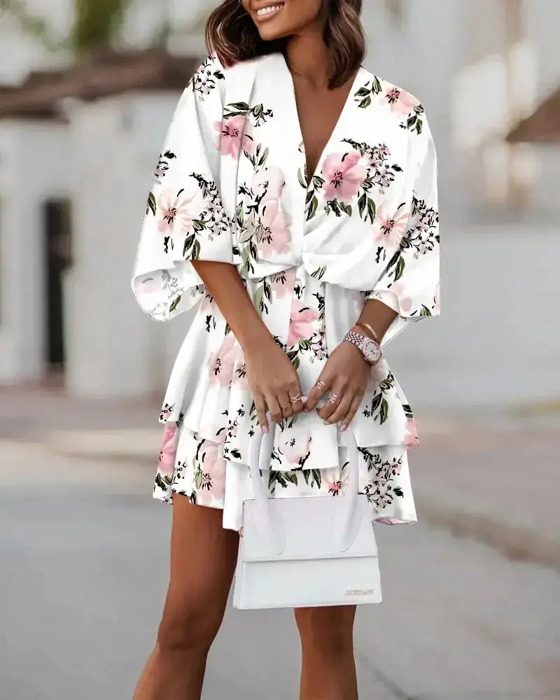 2023 V-Neck Printed Dress Women Loose Sleeve - Image 4
