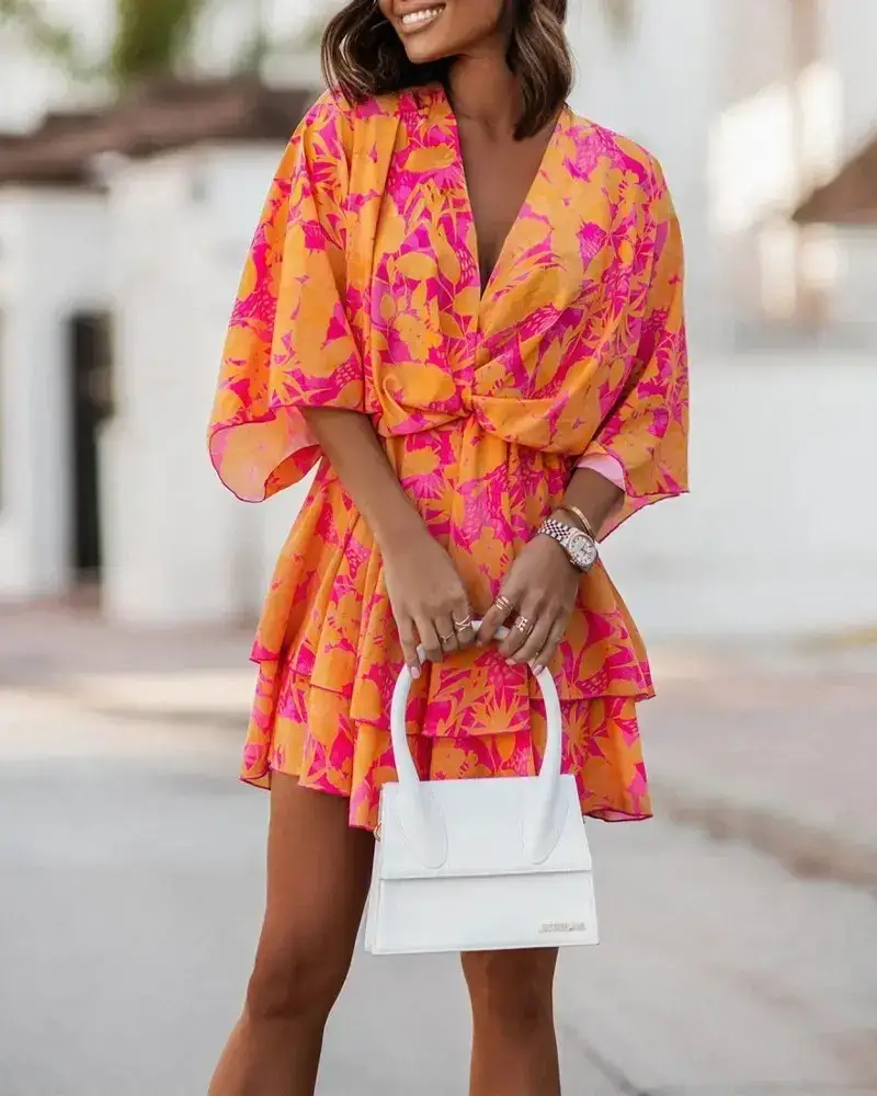2023 V-Neck Printed Dress Women Loose Sleeve - Image 5