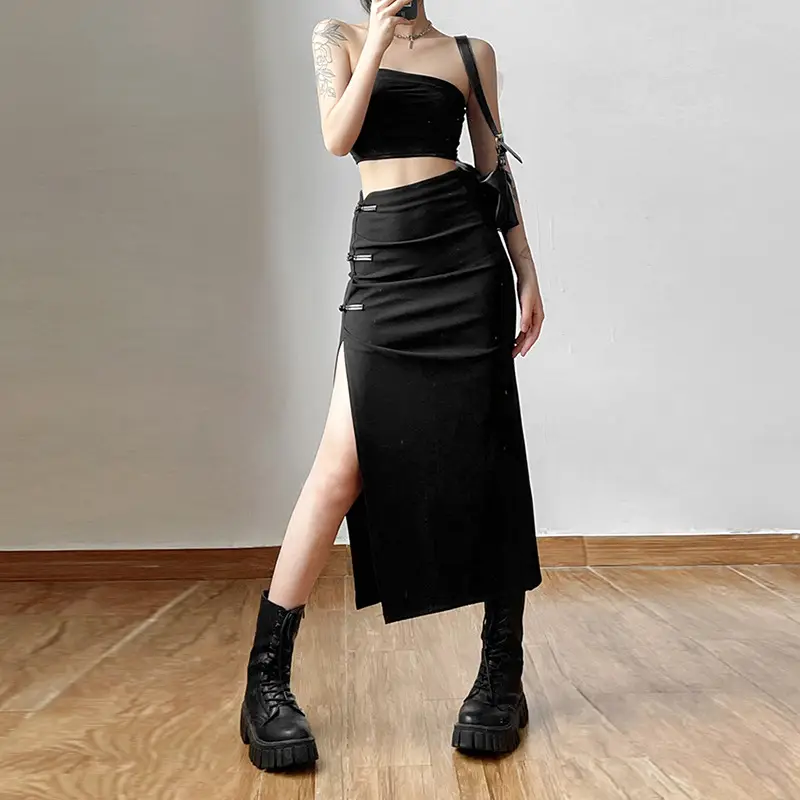 Black High-Slit Skirt with Slit Back Waistband