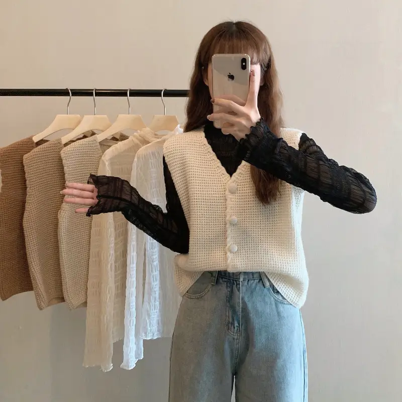 Women's 2024 Knitted V-Neck Vest Beige - Image 6