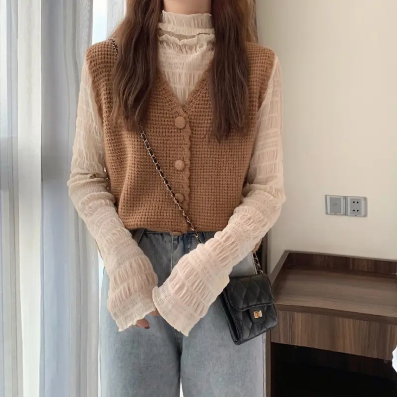 Women's 2024 Knitted V-Neck Vest Beige - Image 3