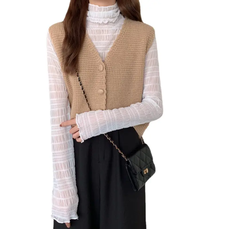 Women's 2024 Knitted V-Neck Vest Beige - Image 7