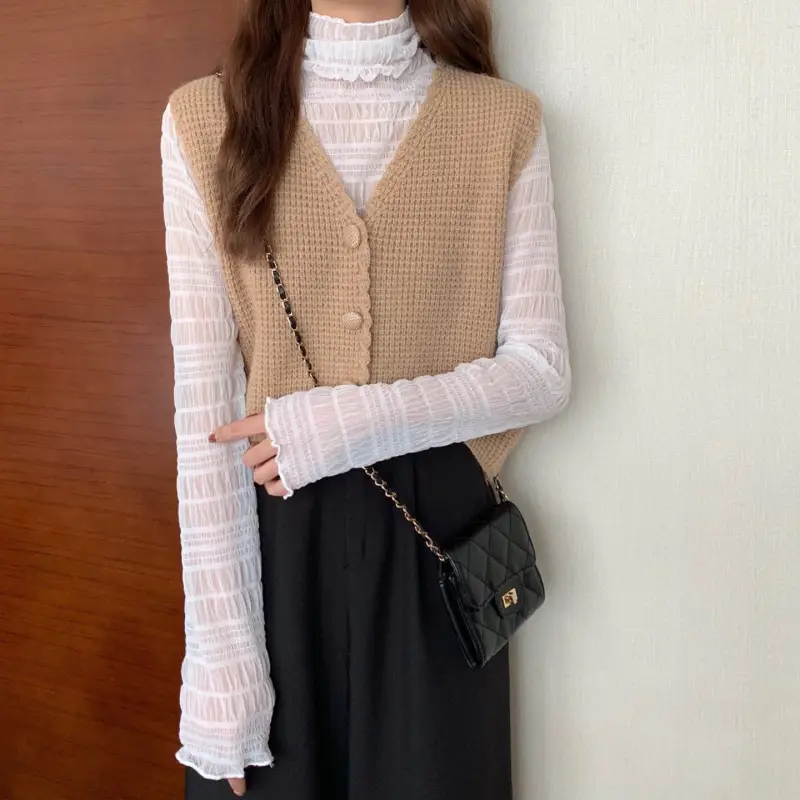 Women's 2024 Knitted V-Neck Vest Beige - Image 2