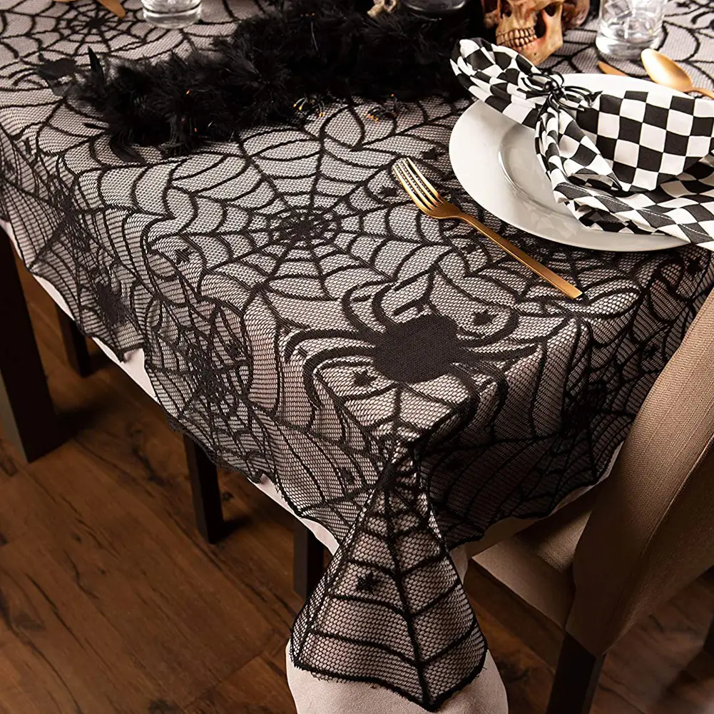 Halloween Five-Pointed Star Spider Tablecloth Black Lace 137x183cm - Image 5