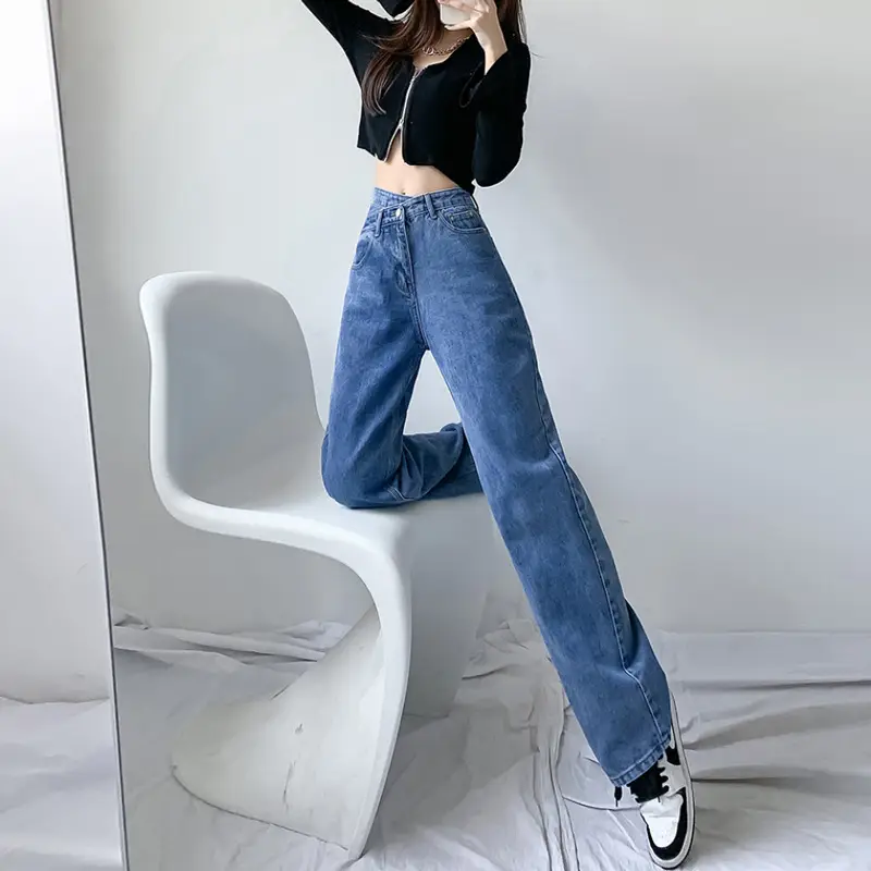 Vintage Cross Waist Jeans Women Summer High Waist Irregular Wide Leg Trousers - Image 4