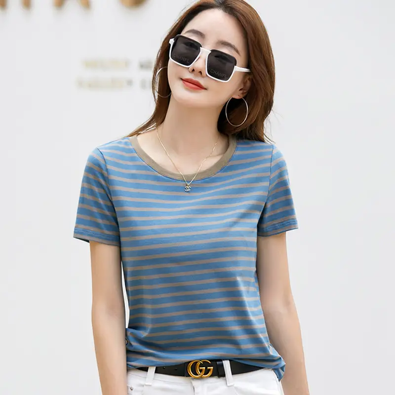 Korean Style Striped T-Shirt Green White Loose Fit