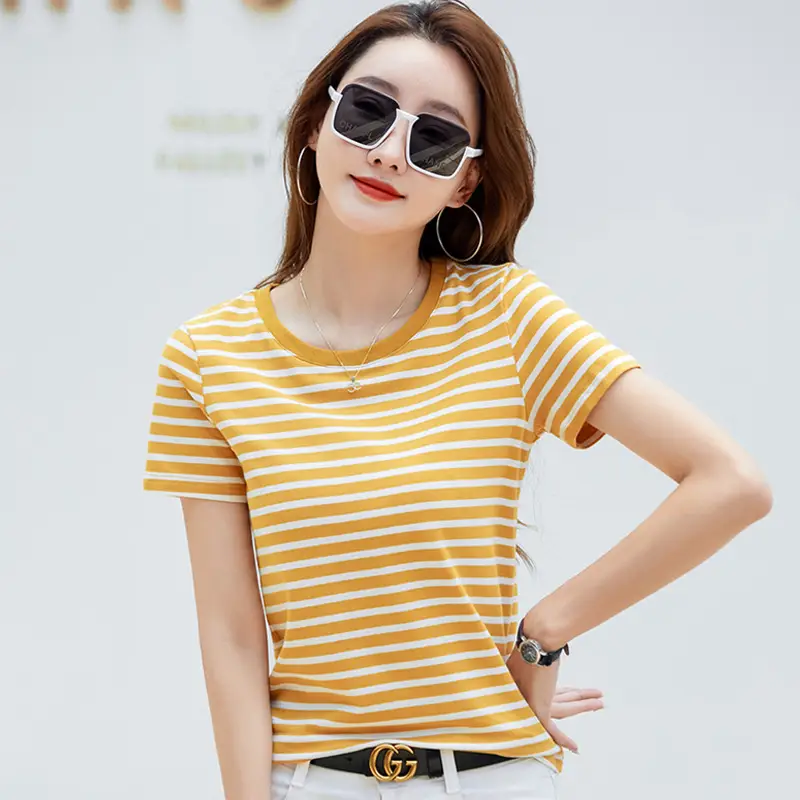Korean Style Striped T-Shirt Green White Loose Fit