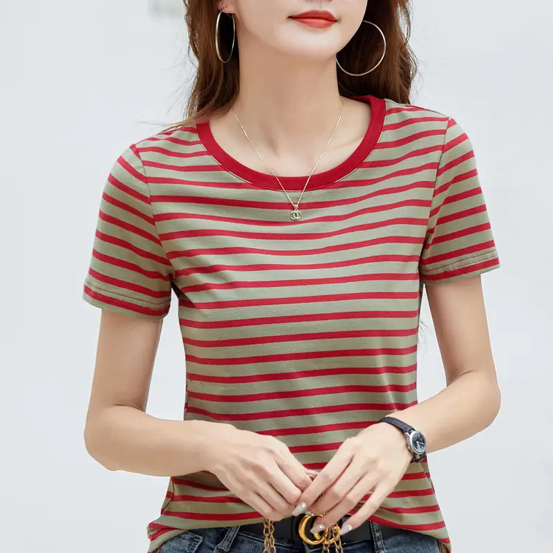Korean Style Striped T-Shirt Green White Loose Fit