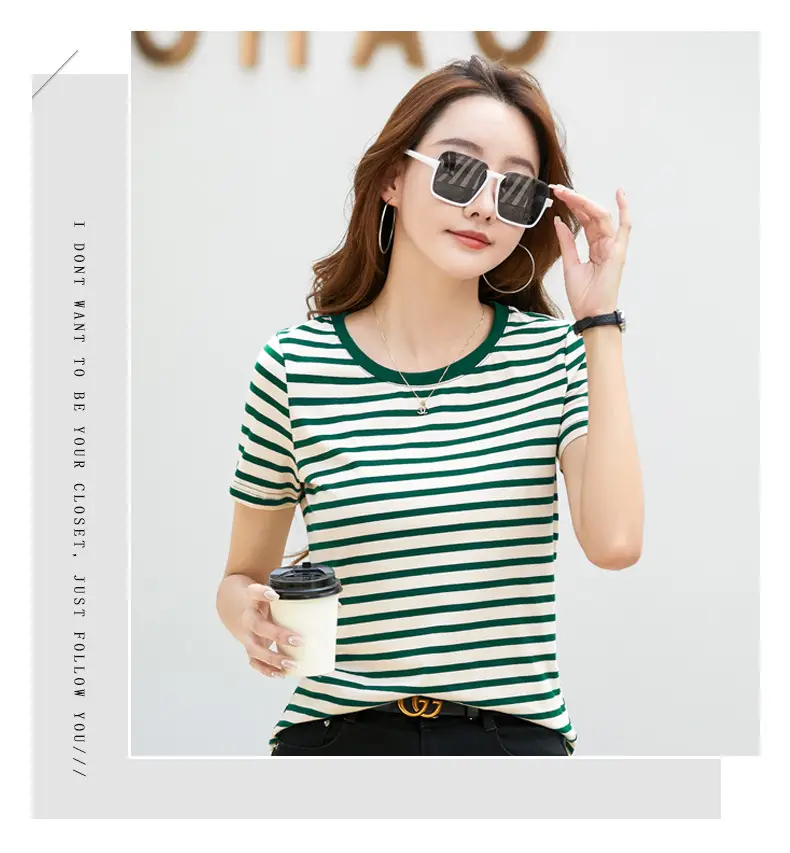 Korean Style Striped T-Shirt Green White Loose Fit — feature 10