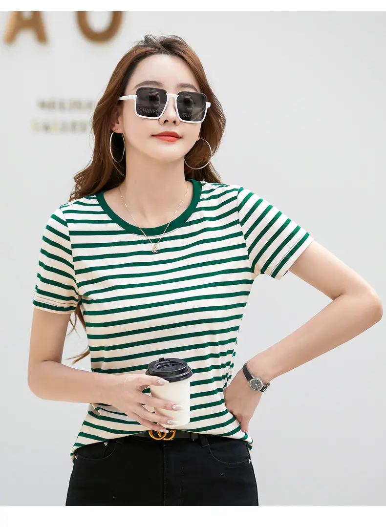 Korean Style Striped T-Shirt Green White Loose Fit — feature 11