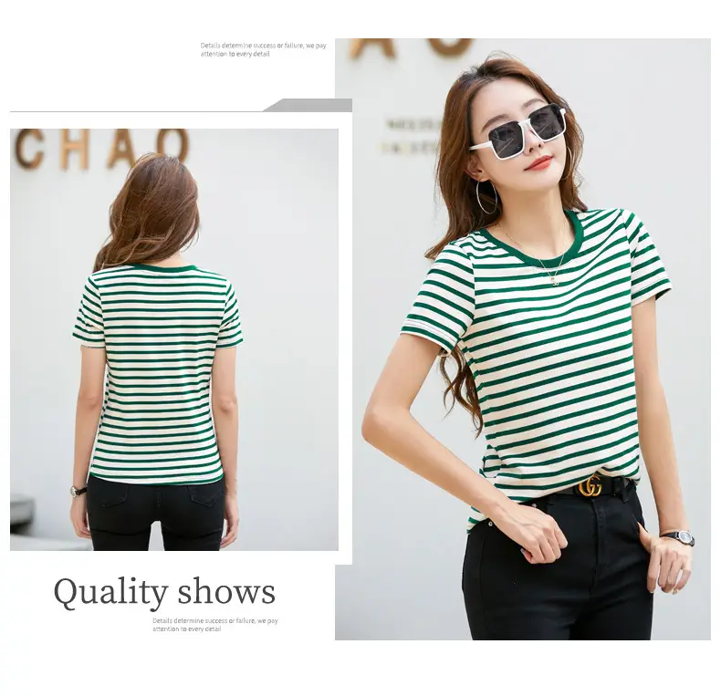 Korean Style Striped T-Shirt Green White Loose Fit — feature 12