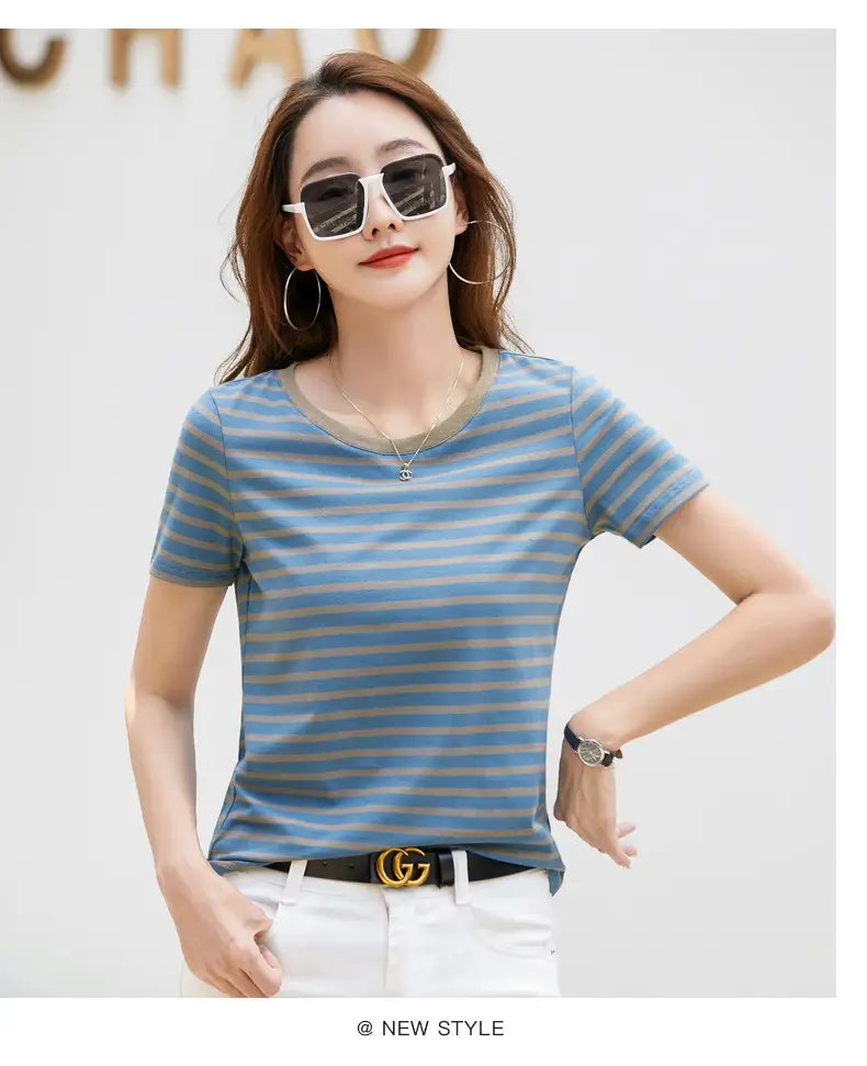 Korean Style Striped T-Shirt Green White Loose Fit — feature 13