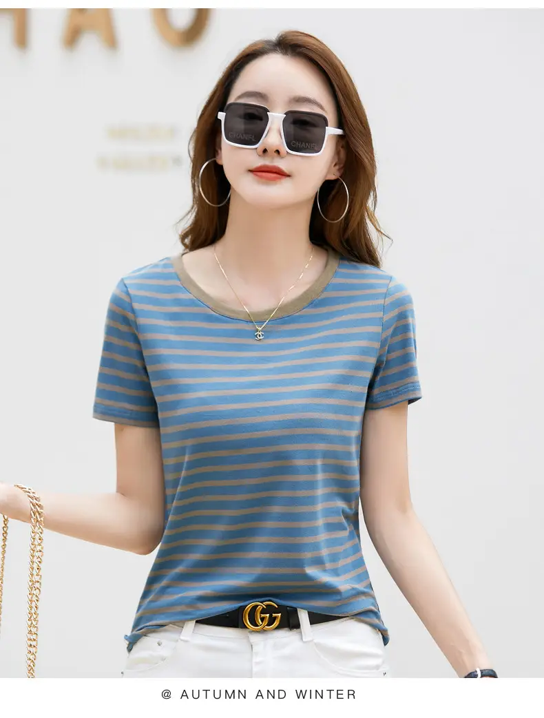 Korean Style Striped T-Shirt Green White Loose Fit — feature 14