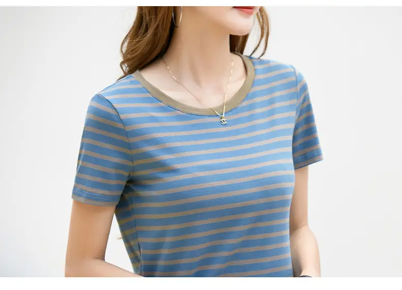 Korean Style Striped T-Shirt Green White Loose Fit — feature 15