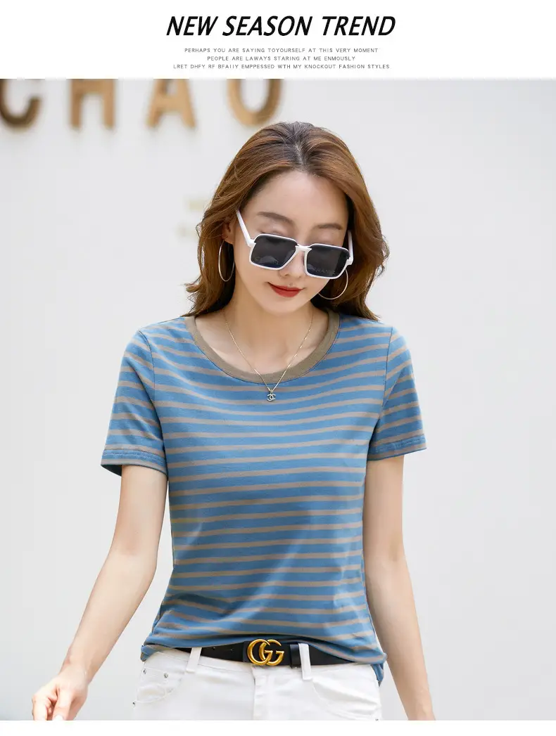 Korean Style Striped T-Shirt Green White Loose Fit — feature 16