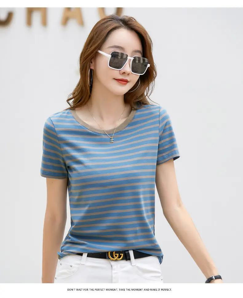 Korean Style Striped T-Shirt Green White Loose Fit — feature 17