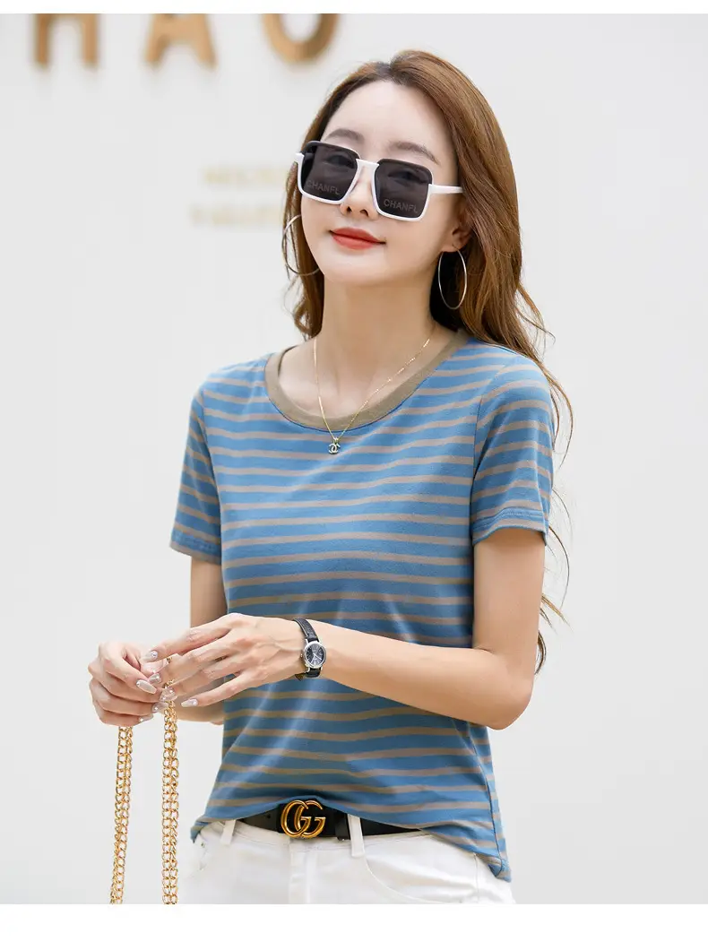 Korean Style Striped T-Shirt Green White Loose Fit — feature 18