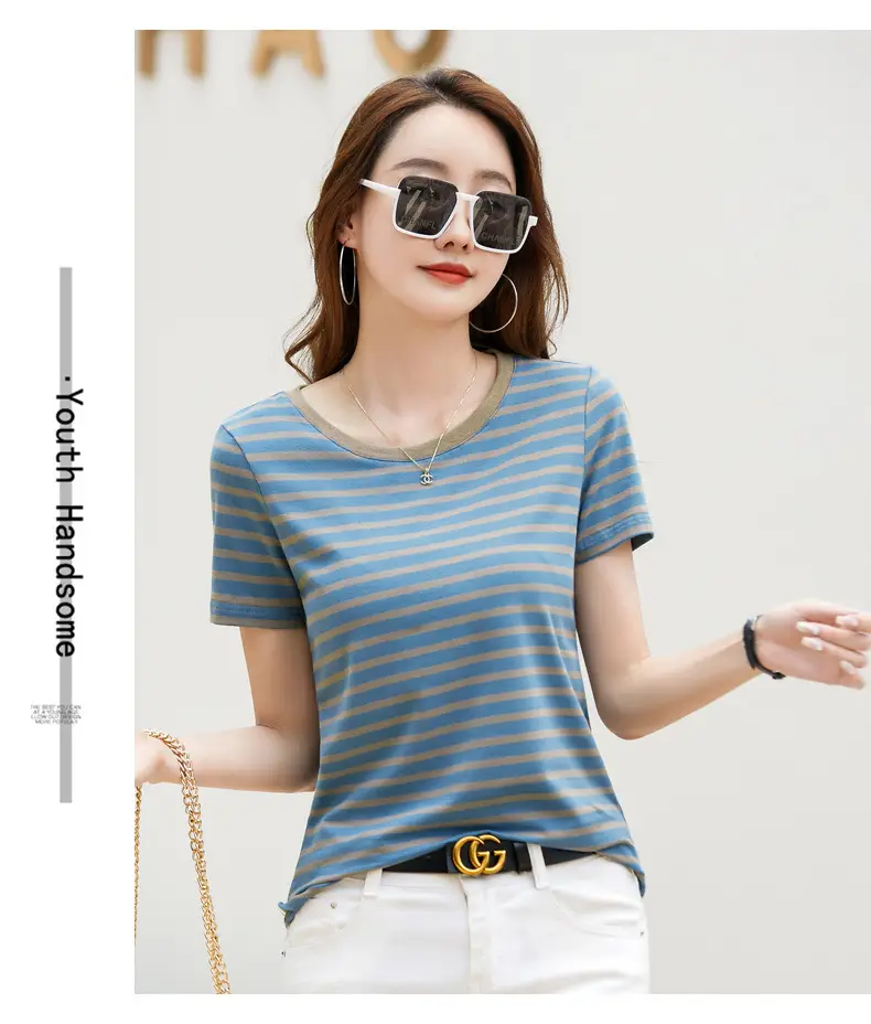 Korean Style Striped T-Shirt Green White Loose Fit — feature 19