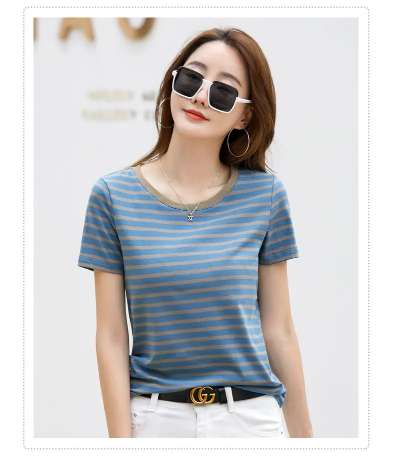 Korean Style Striped T-Shirt Green White Loose Fit — feature 20