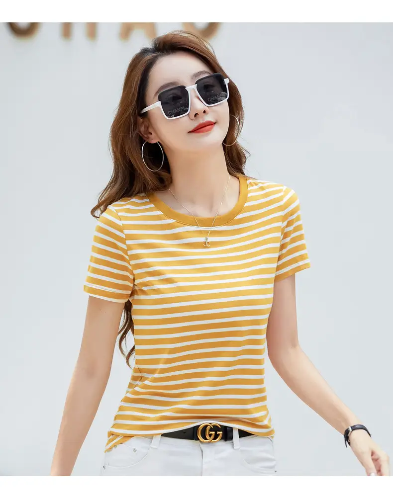 Korean Style Striped T-Shirt Green White Loose Fit — feature 21