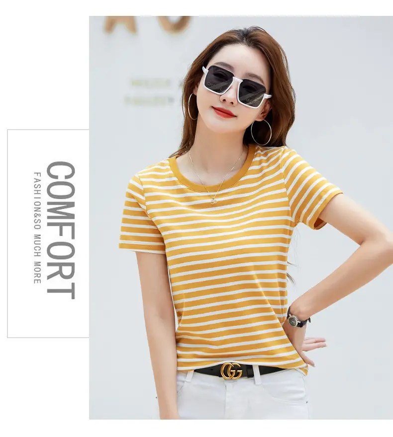 Korean Style Striped T-Shirt Green White Loose Fit — feature 22