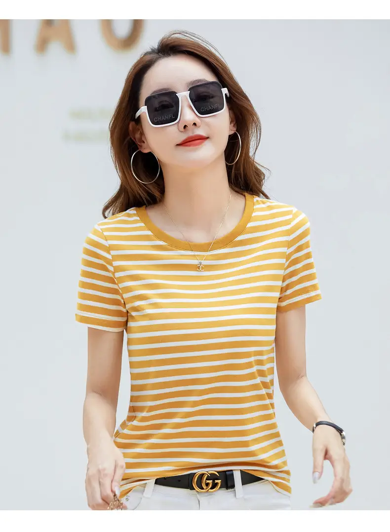 Korean Style Striped T-Shirt Green White Loose Fit — feature 23