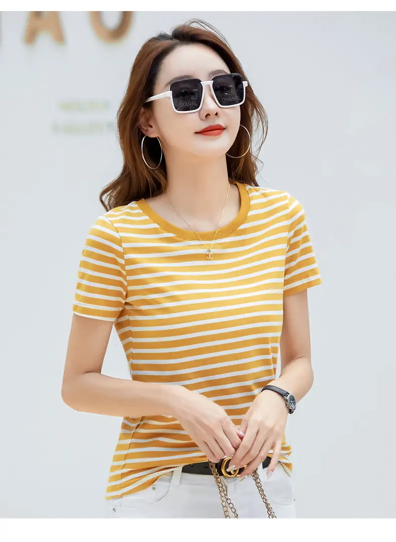 Korean Style Striped T-Shirt Green White Loose Fit — feature 24